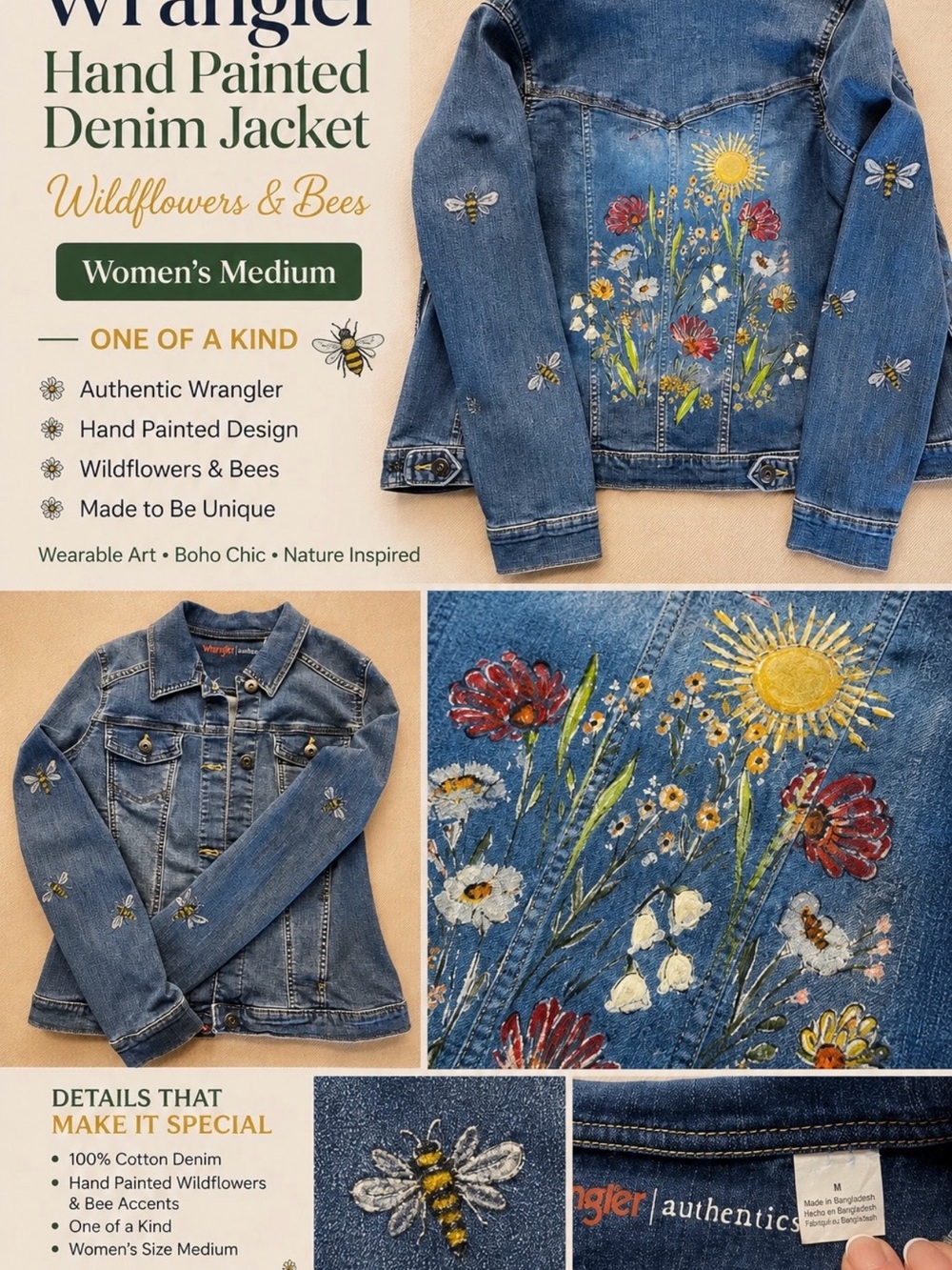 Wrangler Hand-Painted Blue Denim Jacket with Floral & Bee Sunshine